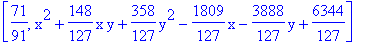 [71/91, x^2+148/127*x*y+358/127*y^2-1809/127*x-3888/127*y+6344/127]